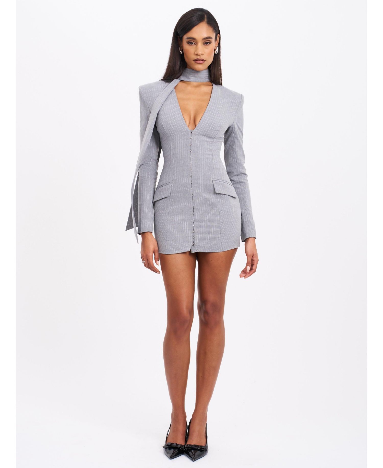 Women's Tahlia Deep V Pinstripes Gray Blazer Dress with scarf collar