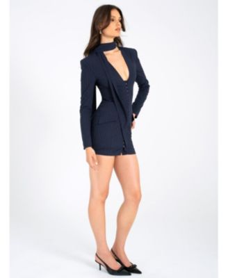 Women's Tahlia Deep V Pinstripes Navy Blue Blazer Dress with scarf collar