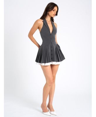 Women's Hazel Grey Preppy Halter Neck Pleated Mini Dress