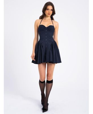 Women's Melody Navy Blue Pinstripe Halter Drop Waist Mini Dress