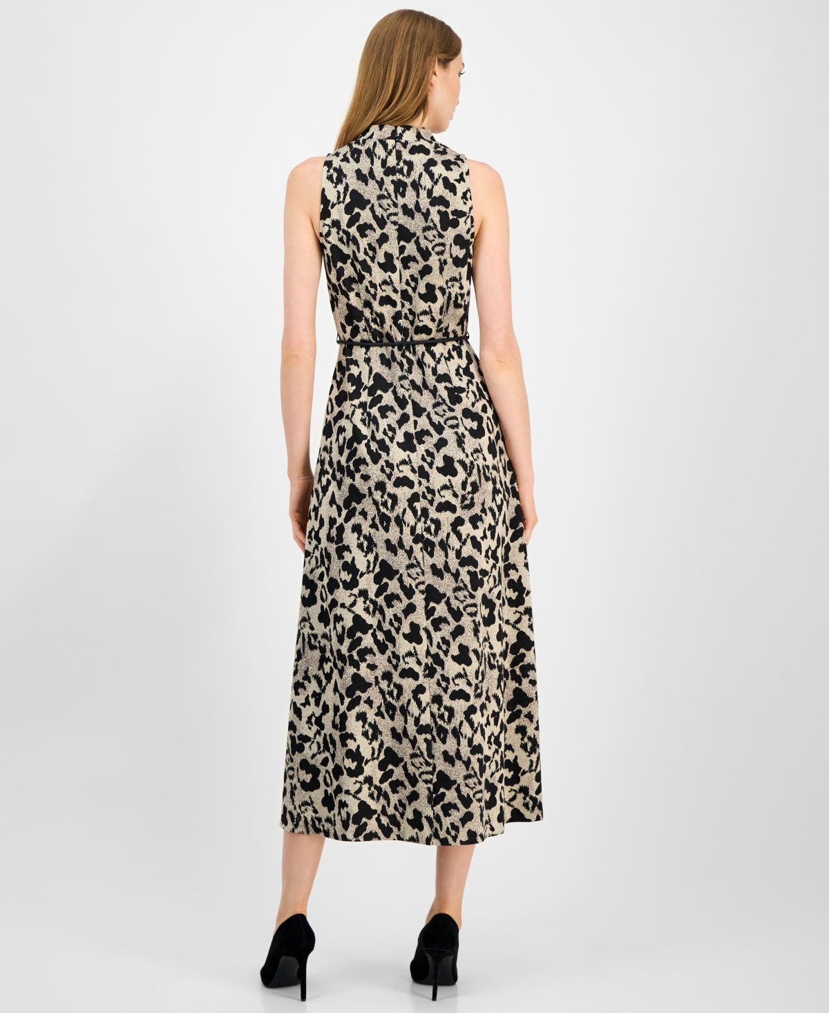 Anne Klein Leopard Print Mock Neck Dress In Gray