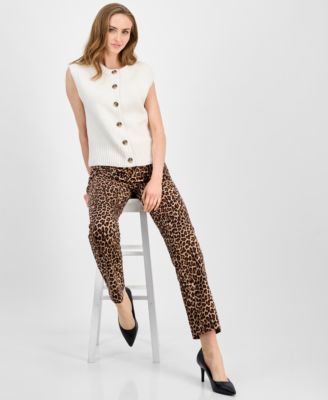 Petite Button-Front Ribbed-Hem Stitch Sweater