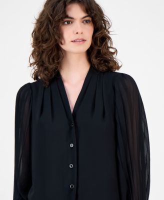 Women's Printed Pleated-Sleeve Chiffon Button-Front Top