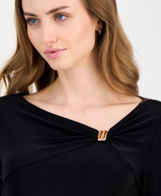 Petite Embellished-Neck 3/4-Sleeve Knit Top