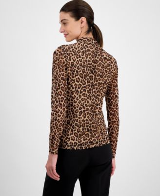 Women's Animal Print Mesh Mock Neck Long-Sleeve Top