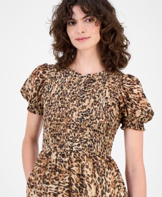 Petite Smocked Animal-Print Maxi Dress