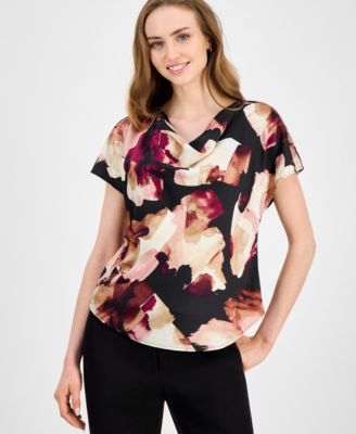 Anne Klein - Women's Satin Printed Cowlneck Blouse