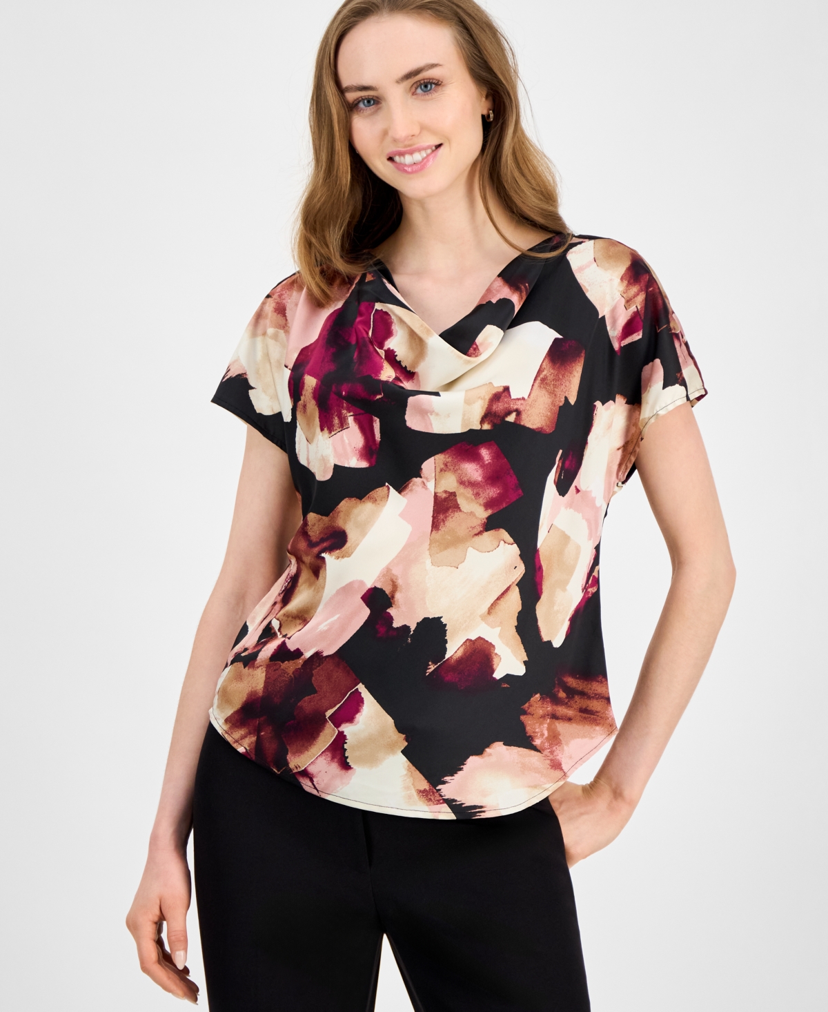 Women's Satin Printed Cowlneck Blouse - Anne Black Multi