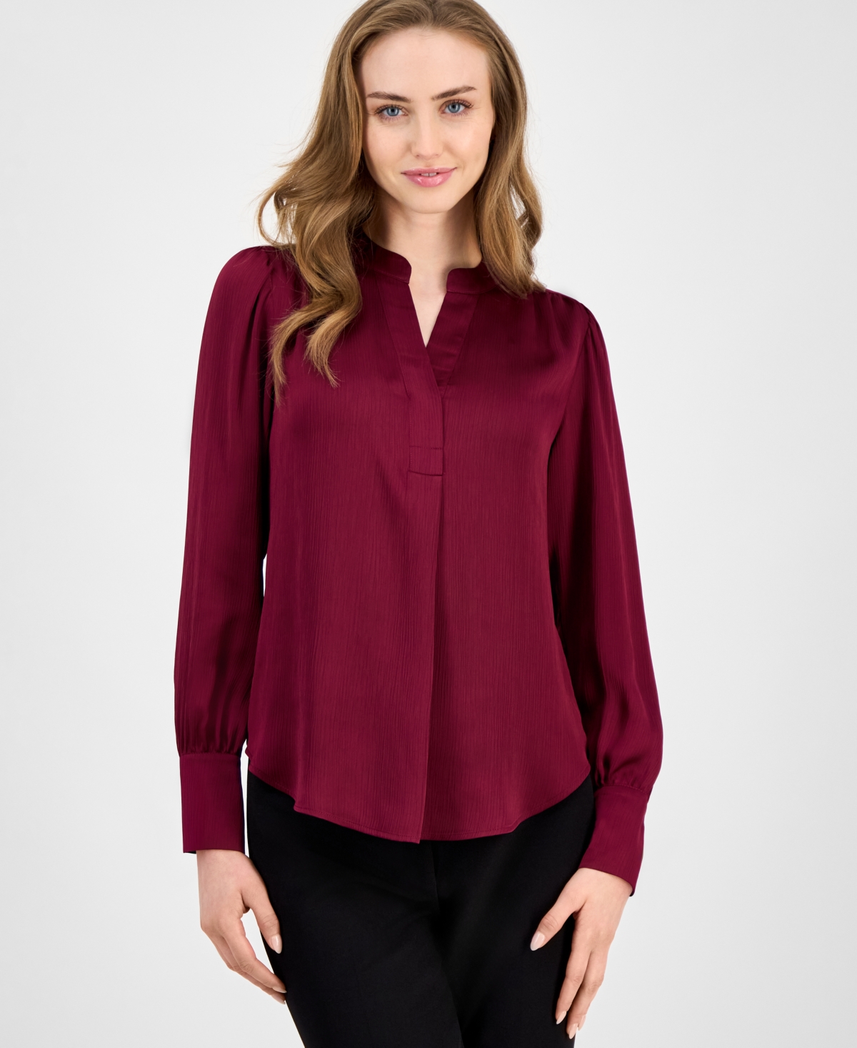 Women's Satin Pleated V-Neck Blouse - Chianti