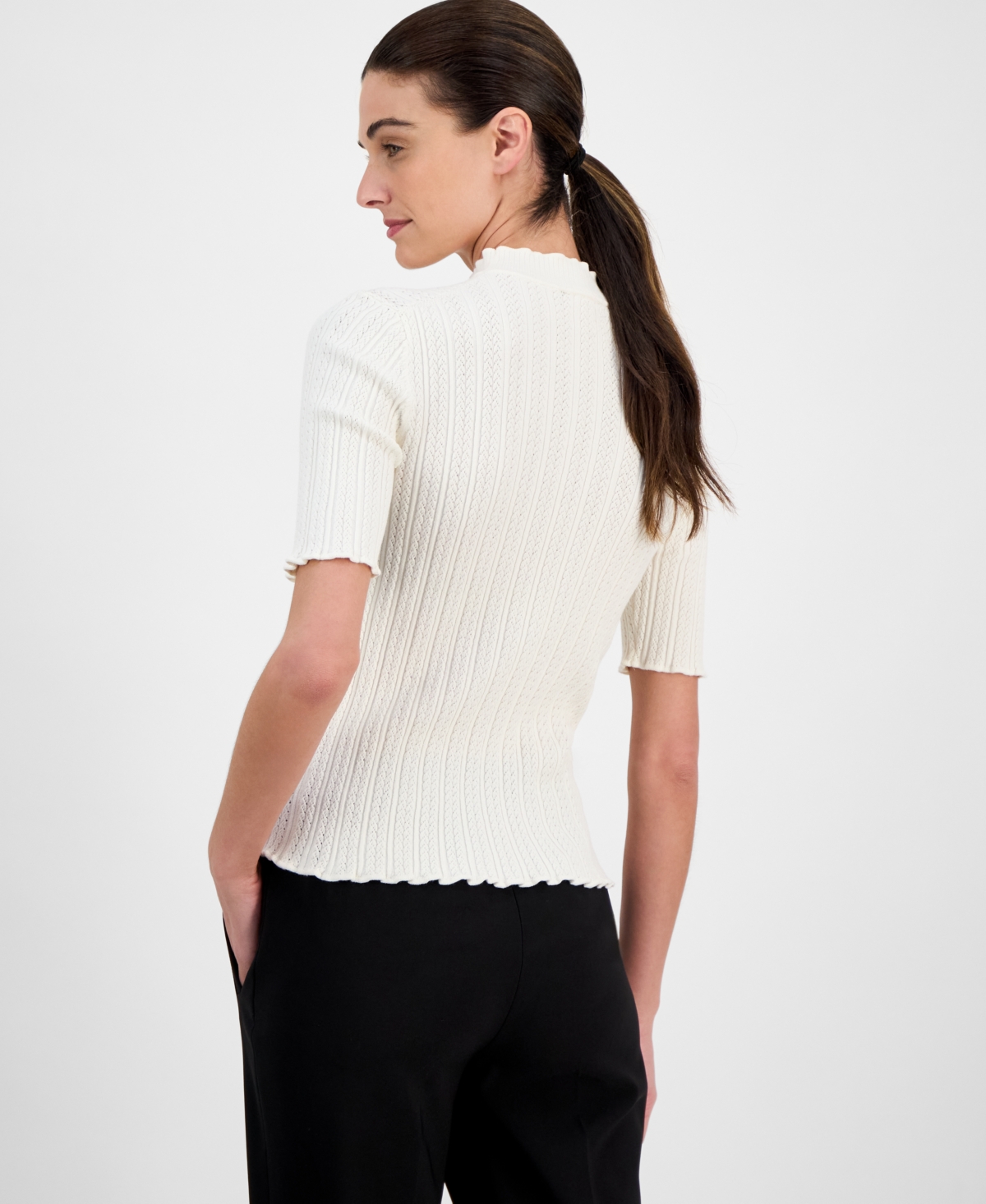 Anne Klein Mock Neck Short Sleeve Cotton Blend Sweater In White