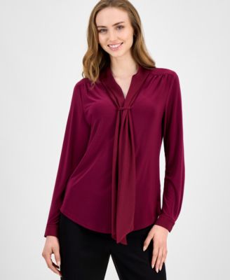 Anne Klein Womens Tie Neck Long Sleeve Blouse P Xxs Xxl In Burgundy