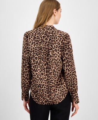 Women's Animal-Print Pleated V-Neck Blouse