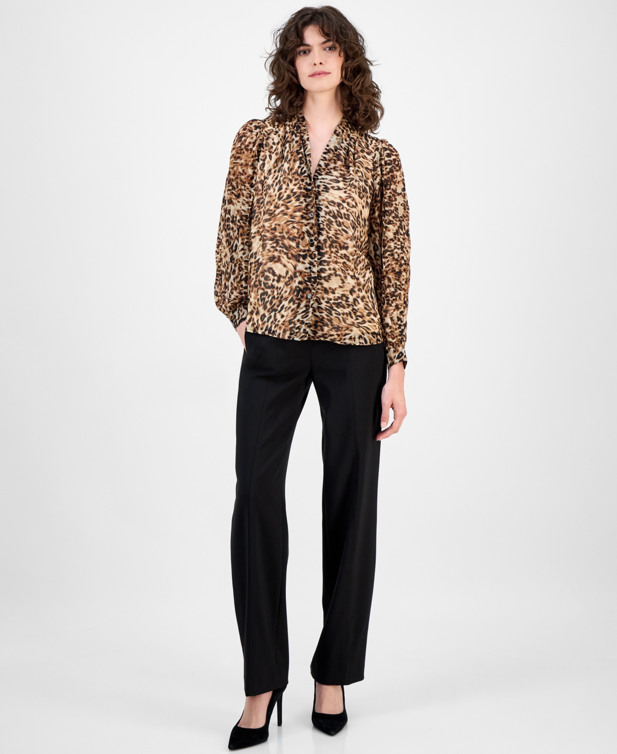 Anne Klein Womens Printed Pleated Sleeve Button Front Top P Xxs Xxl In Animal Print