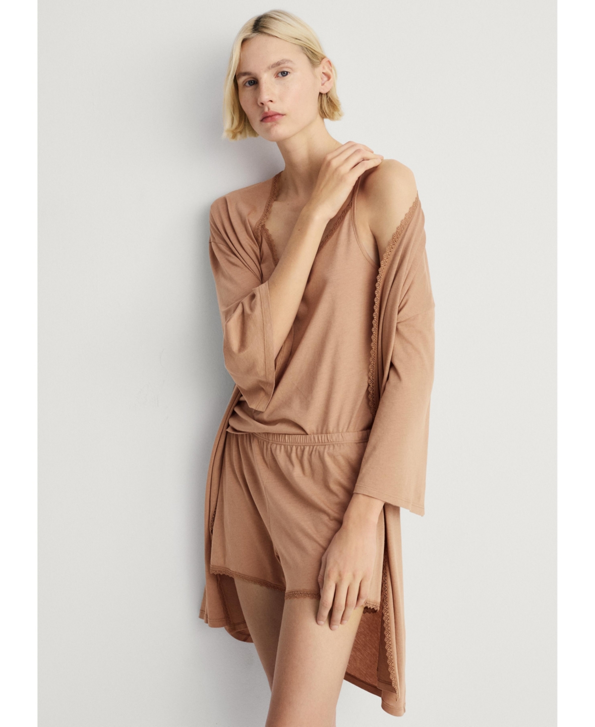 Mango Women's Contrast Lace Cotton Robe