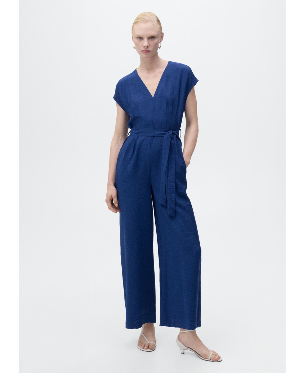 Women's Long Cropped Belted Jumpsuit - Ink Blue