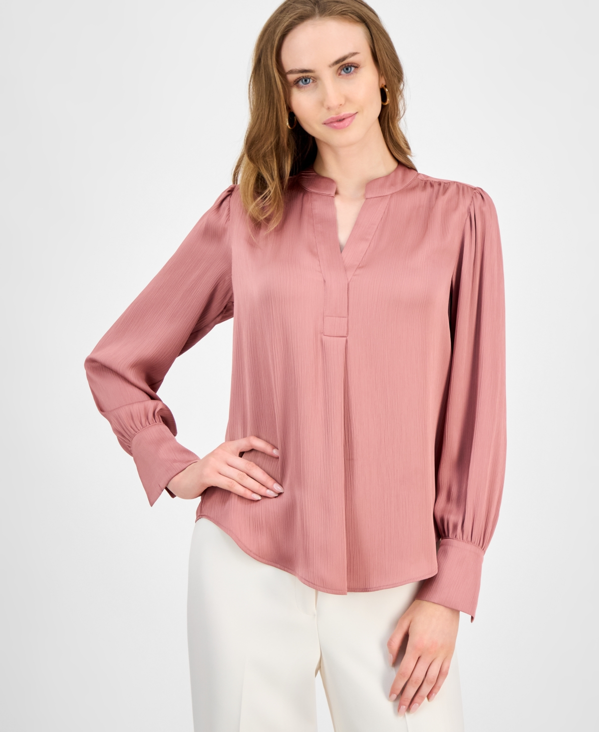 Anne Klein Textured Crepe Long Sleeve Top In Pink