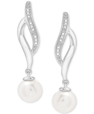 Cultured Freshwater Pearl (4mm) & Diamond Accent Swirl Drop Earrings in Sterling Silver