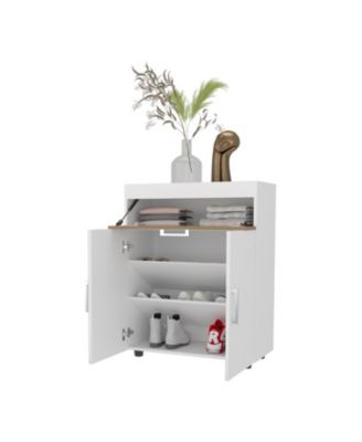 North Fork Shoe Rack, Pneumatic Lift-Up Compartment, Dual Doors, White and Natural Oak