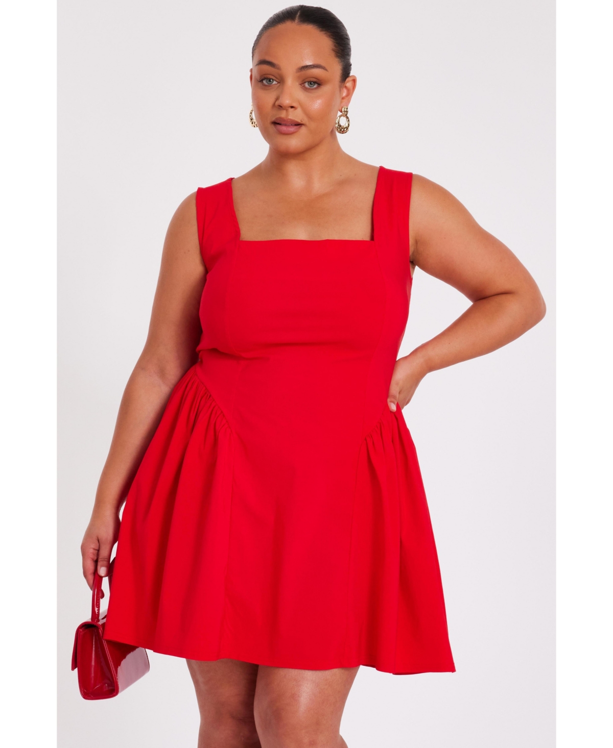 Plus Size Square Neck Drop Waist Mini Dress - Black