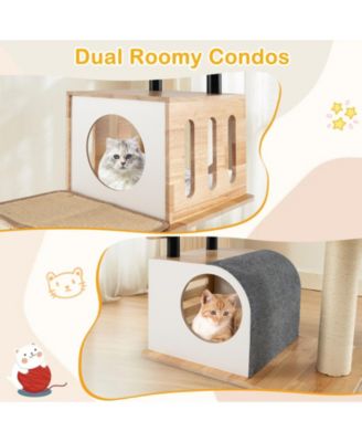 Modern Tall Cat Tower with Double Condos with Dangling Balls and Sisal Carpets
