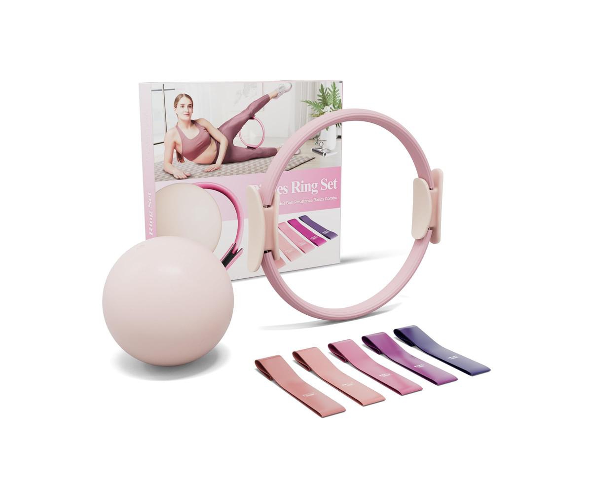 Pilates Ring Set &#x2013; 14&#x201D; Magic Circle (38lbs), 5 Resistance Bands & 9.8&#x201D; Ball - Pink