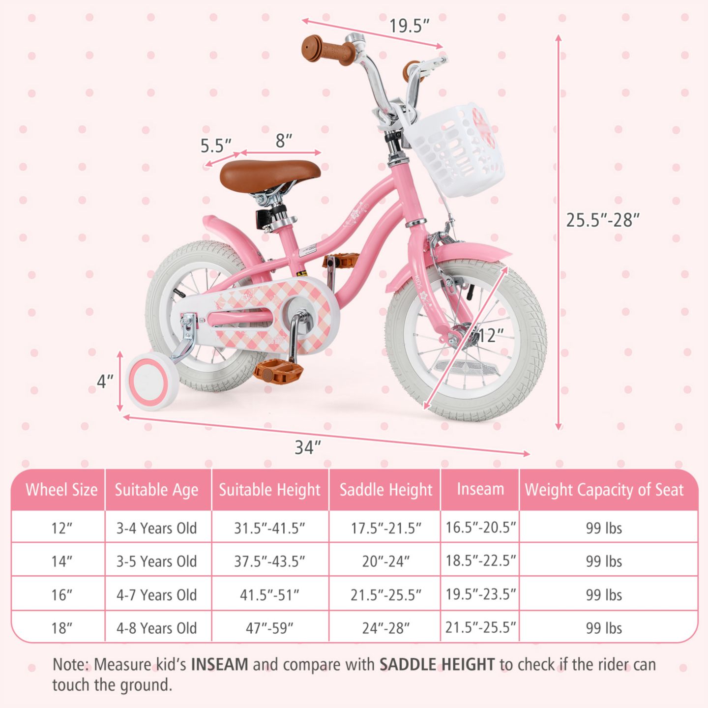 Детская игрушка Slickblue Kids Bicycle with Training Wheels and Basket for Boys & Girls, цвет: Персиковый — фото 7