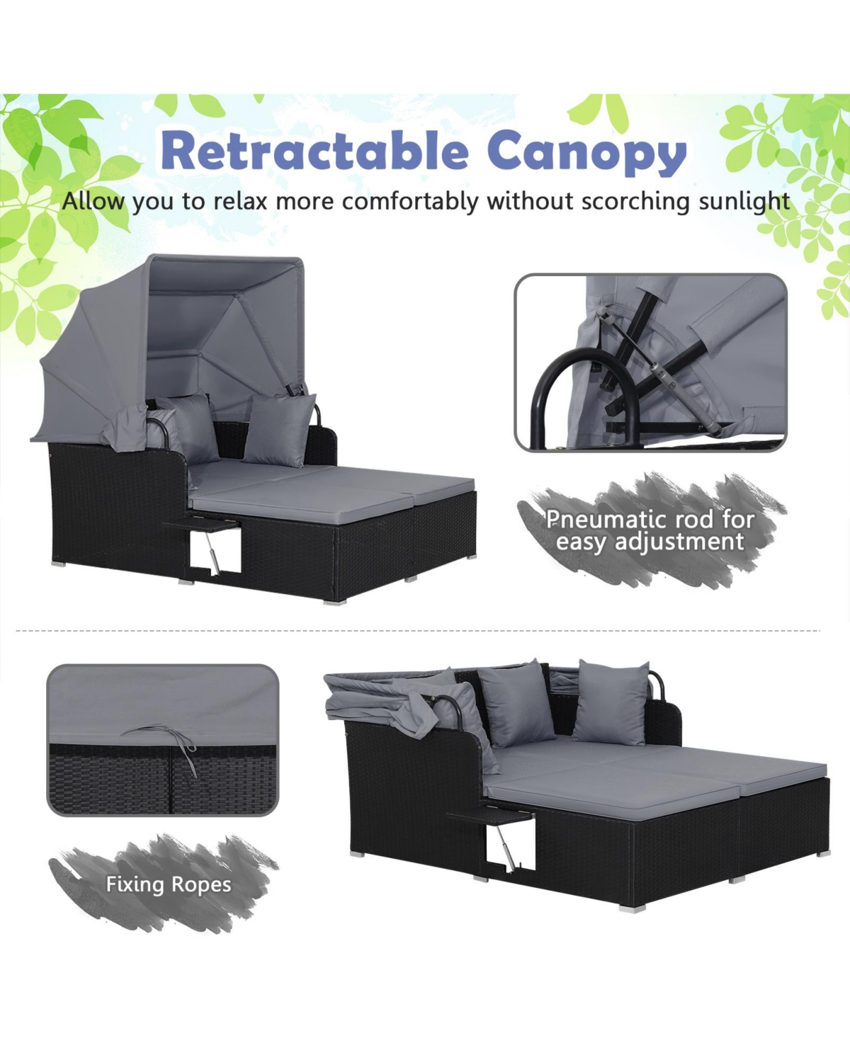 Gymax Rattan Daybed Lounge w/ Retractable Top Canopy Side Tables Cushions