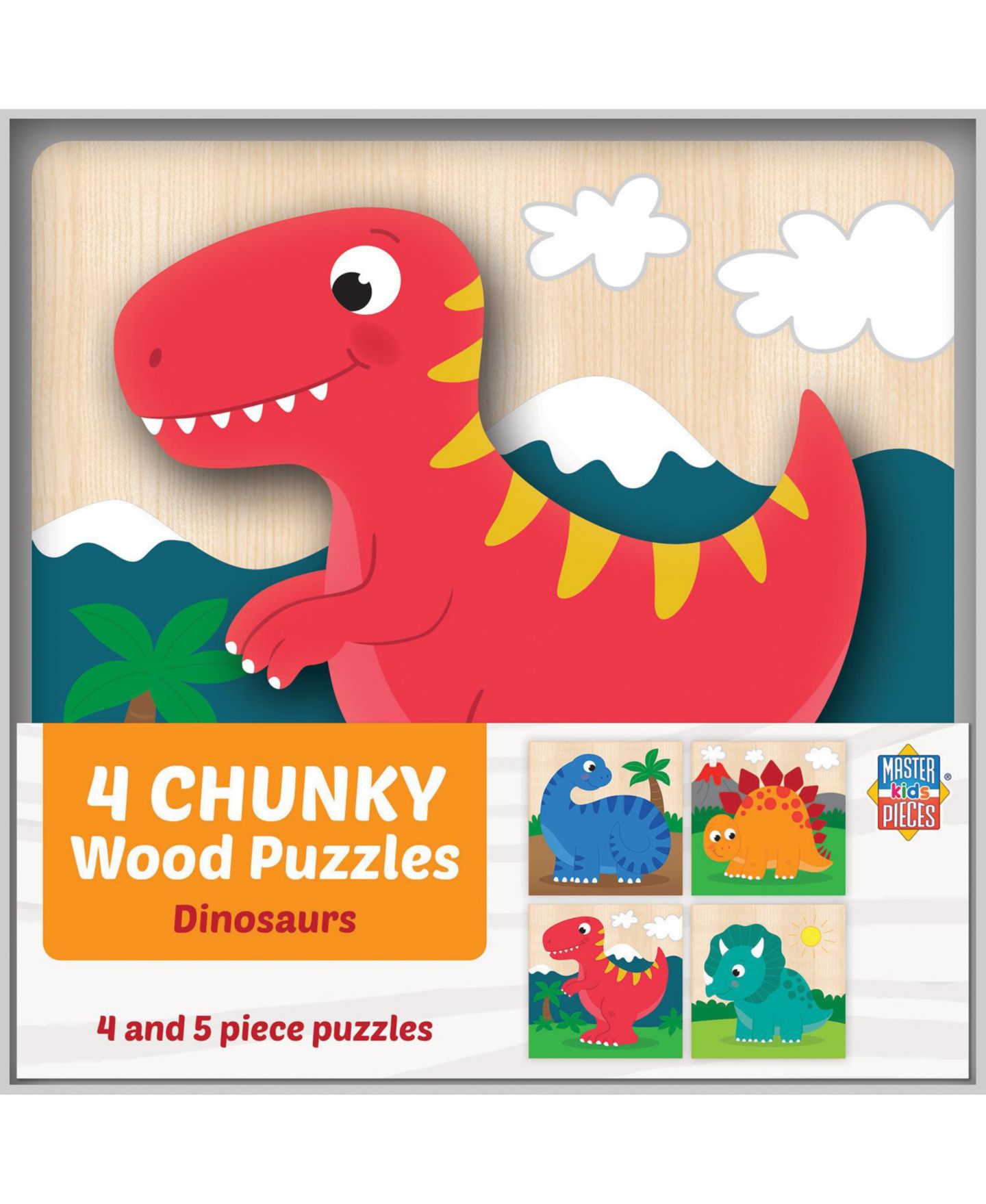 Детские игрушки MasterPieces Puzzles Dinosaur Chunky Wood Puzzles, 4-Piece Set, от 1 года — фото 1