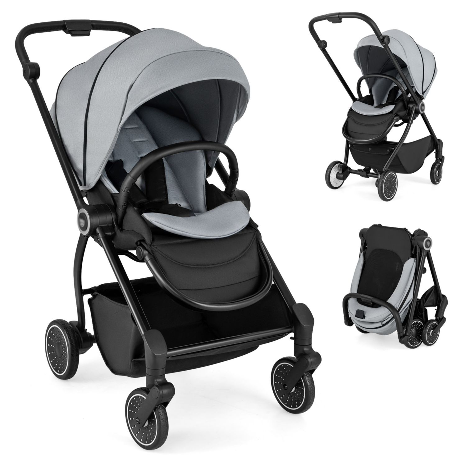 Foldable Infant Pram Stroller with Reversible Seat Reclining Backrest