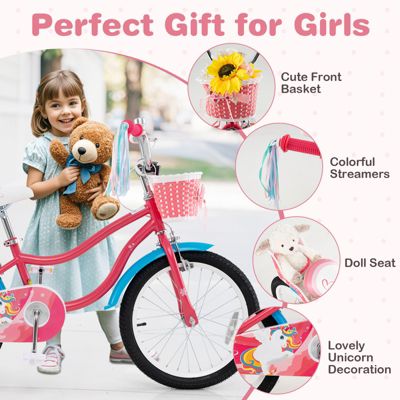 Kids Girls Bike with Doll Seat and Training Wheels for Easy Riding
