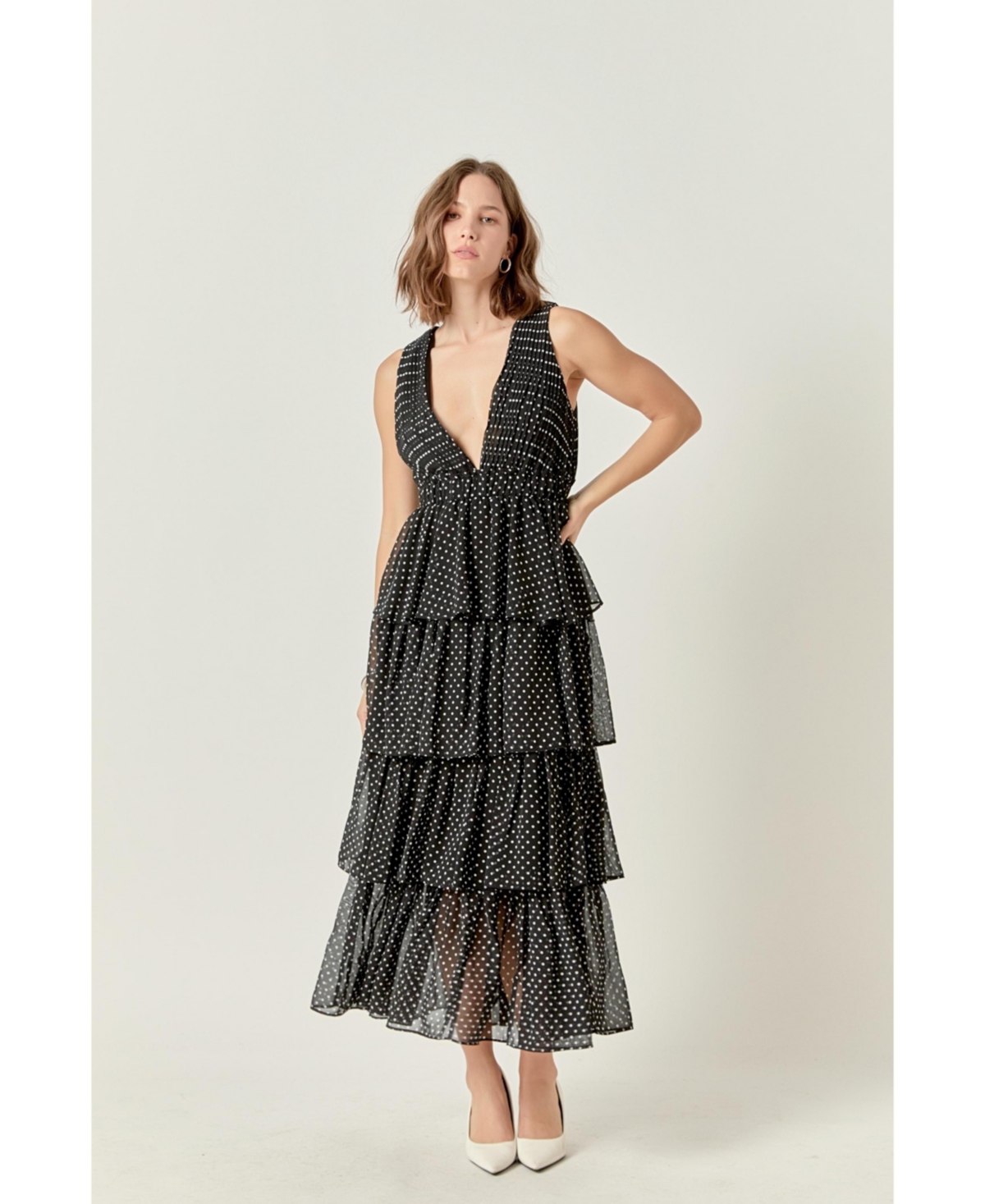 Women's Tiered Polka Dot Maxi Dress - Black/white