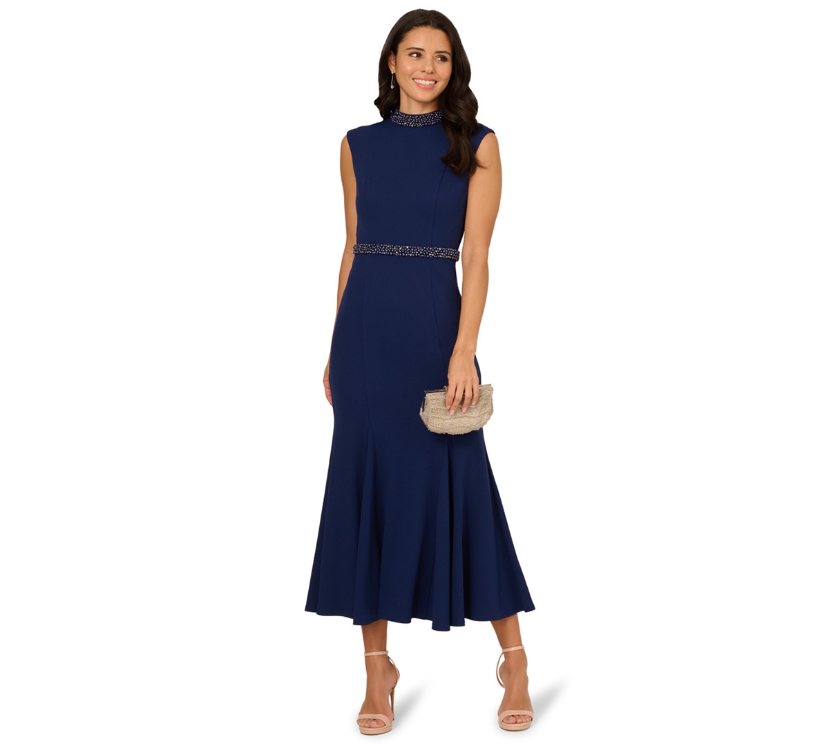 Women's Mock-Neck Knit Mermaid Dress - Navy Sateen