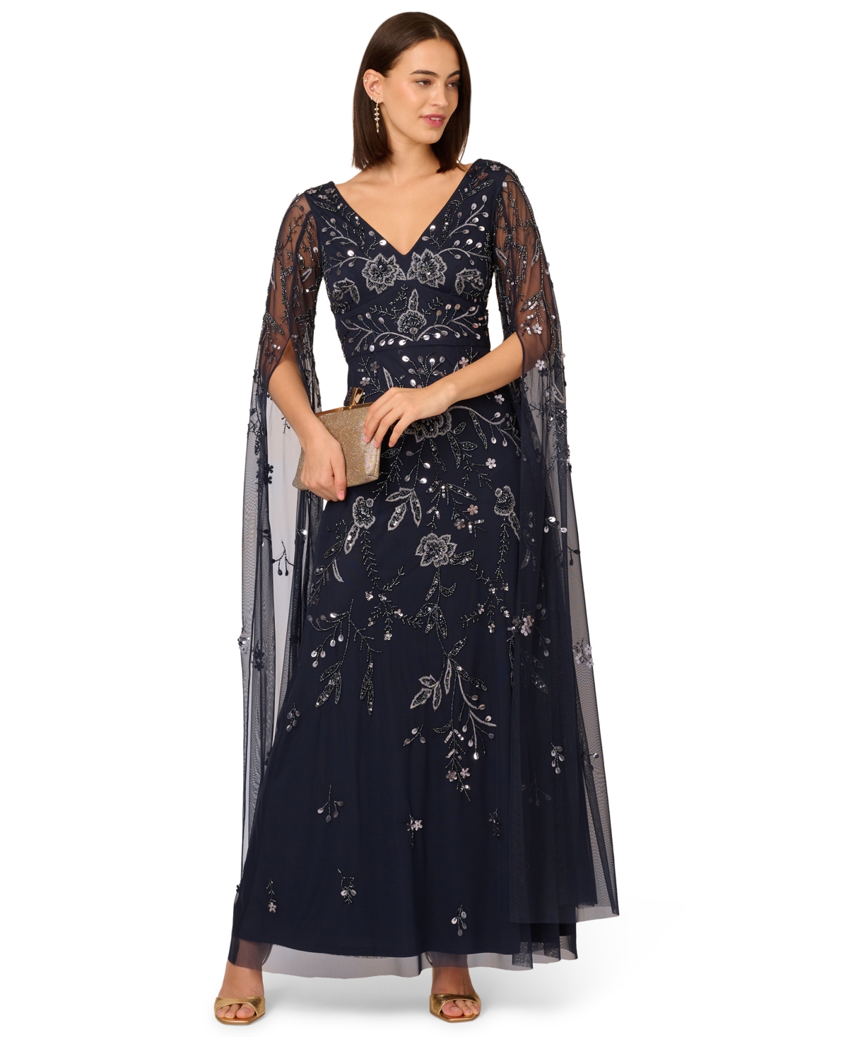 Women's Long-Sleeve Beaded Mesh Dress - Navy/Gunmetal
