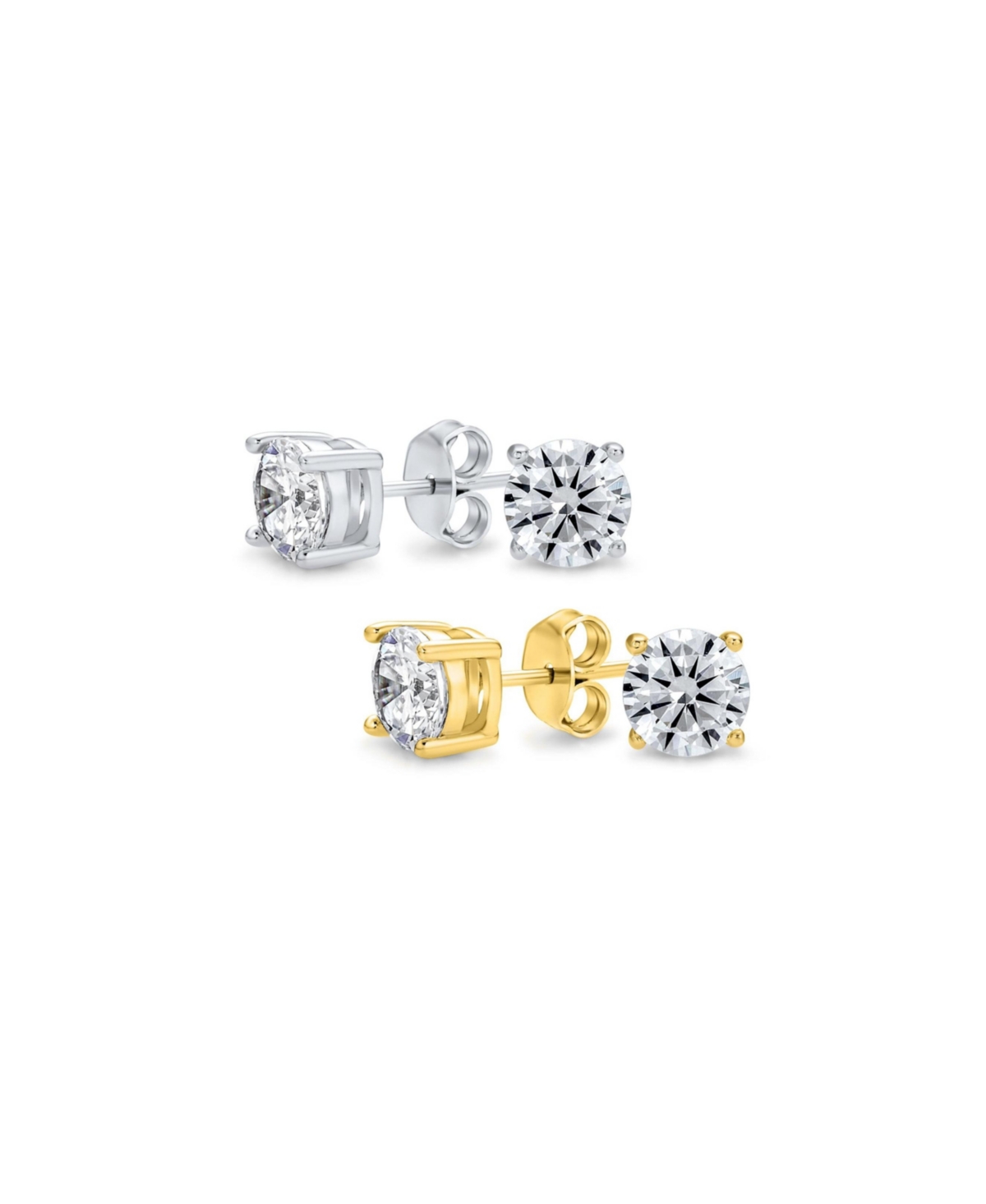 Set of 2 Round Solitaire Cz Cubic Zirconia Stud Earrings Gold Plated Sterling Silver - Gold-silver