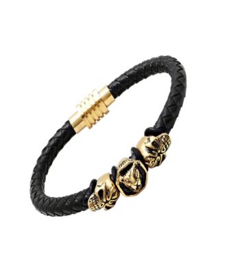 Men’s Lion Head and Skull Accents Black Leather Braided Bracelet
