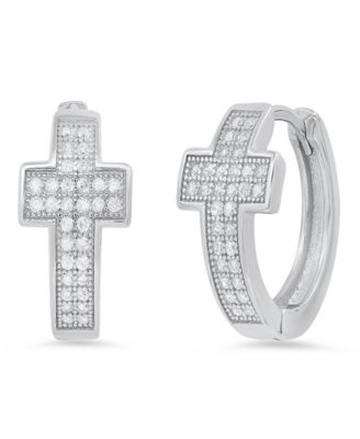 Women's Sterling Silver and Simulated Diamonds Cross Huggie Earrings
