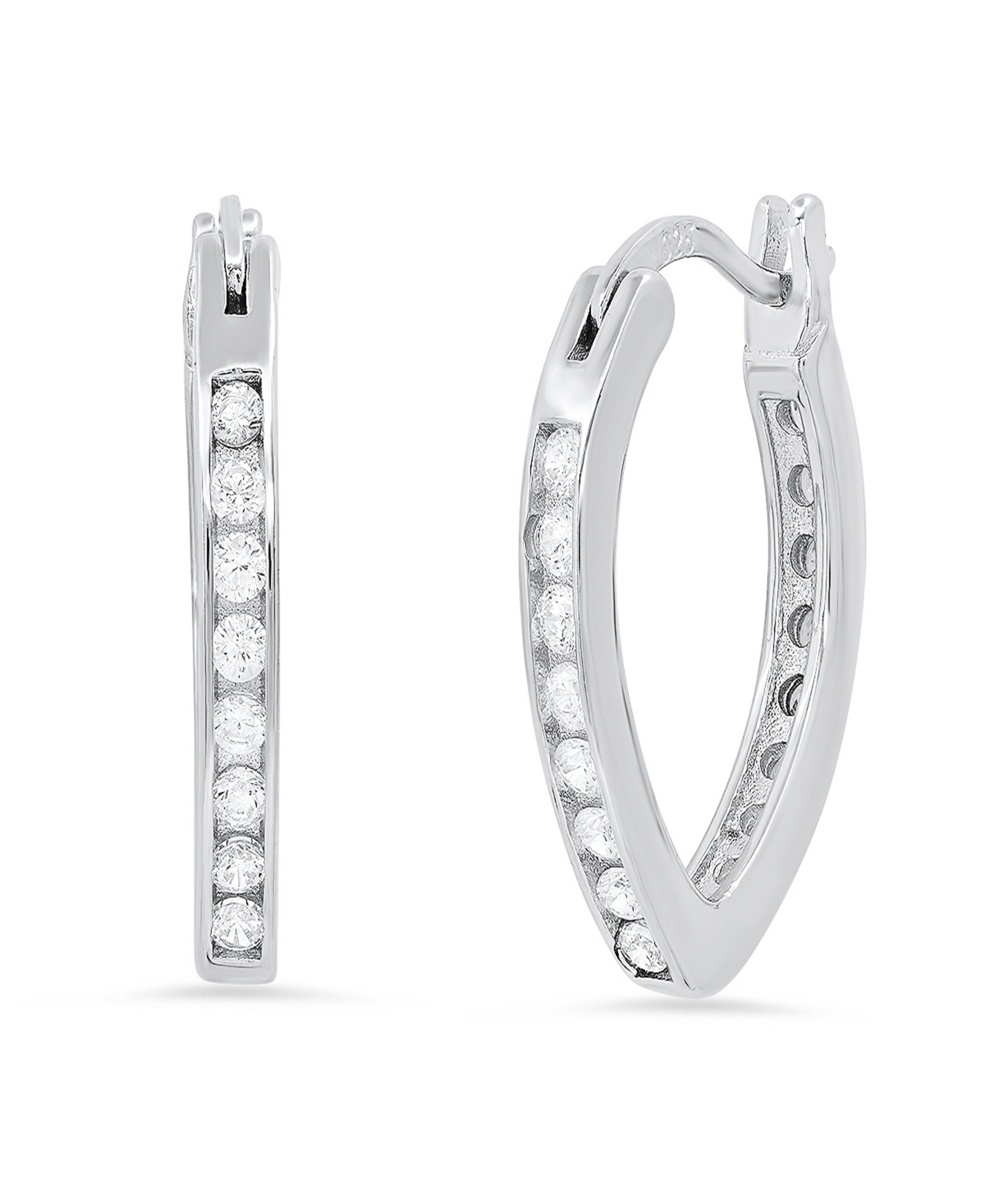 Women's Sterling Silver and Simulated Diamonds Almond Hoop Earrings - Silver