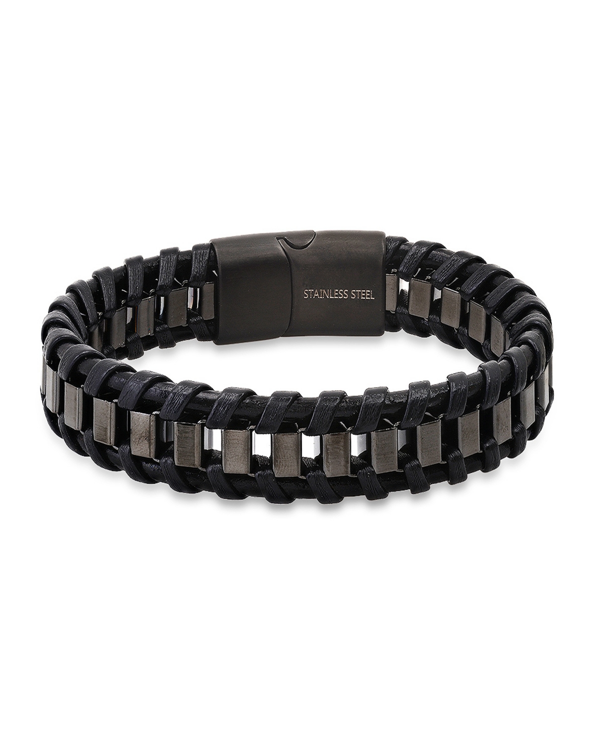 Men's Black Leather and Black Ip Stainless Steel Box Link Braided Bracelet - Black
