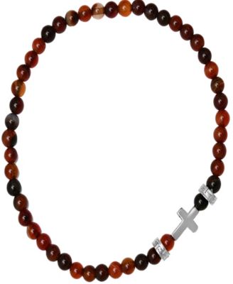 Men’s Sterling Silver Cross and Red Tiger Eye Beaded Stretch Bracelet
