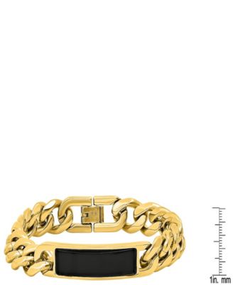 Men's 18K Gold Plated and Stainless Steel with Simulated Onyx ID Cuban Link Bracelet