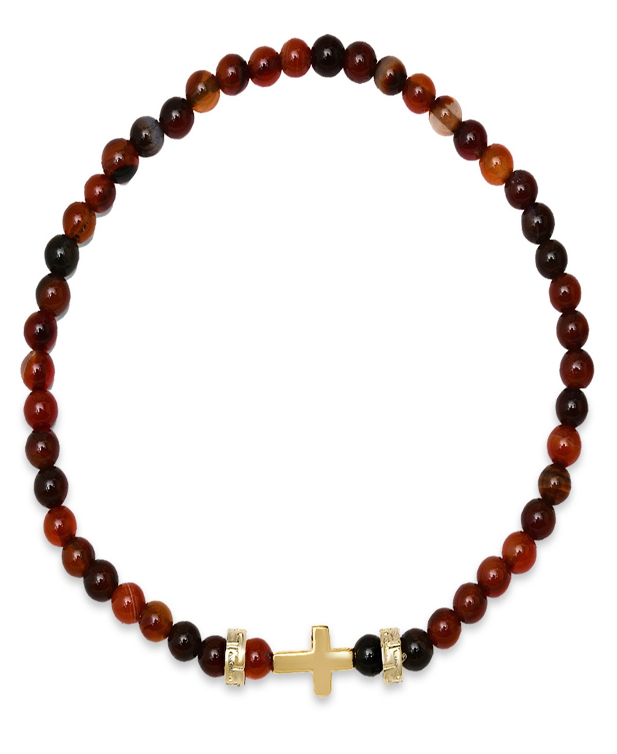 Men's 14K Gold Plated Sterling Silver Cross and Red Tiger Eye Beaded Stretch Bracelet - Red