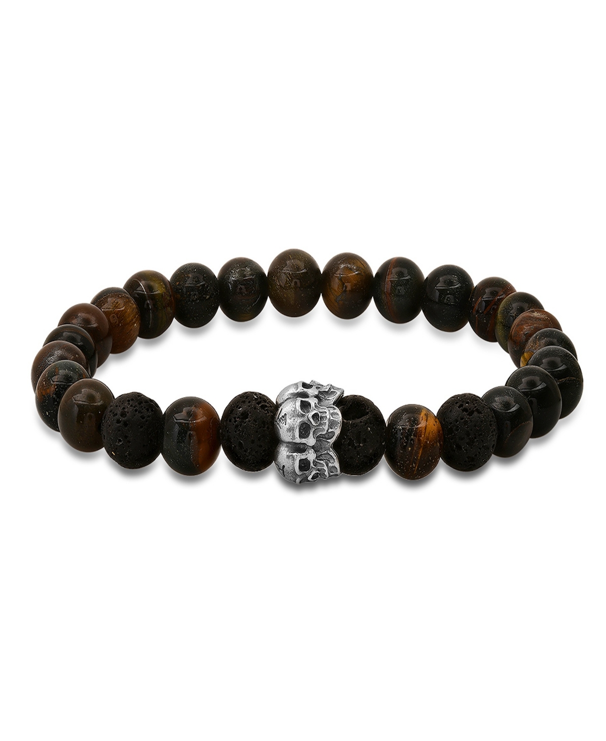 Men's Tiger Eye, Black Lava and Sterling Silver Skull Beaded Stretch Bracelet - Black