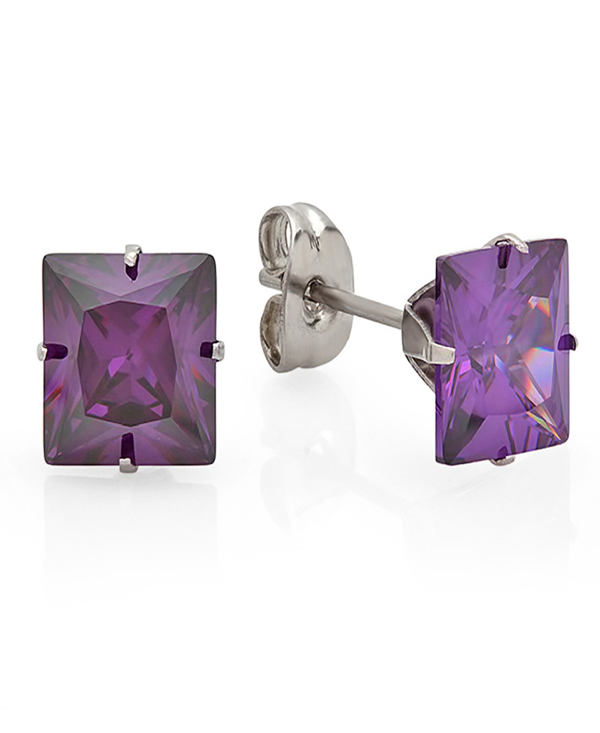 Women's Black Ip Stainless Steel Simulated Purple Princess Diamond Stud Earrings - Purple