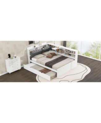 Wood Full Size platform bed with Trundle, Shelves and Storage Headboard