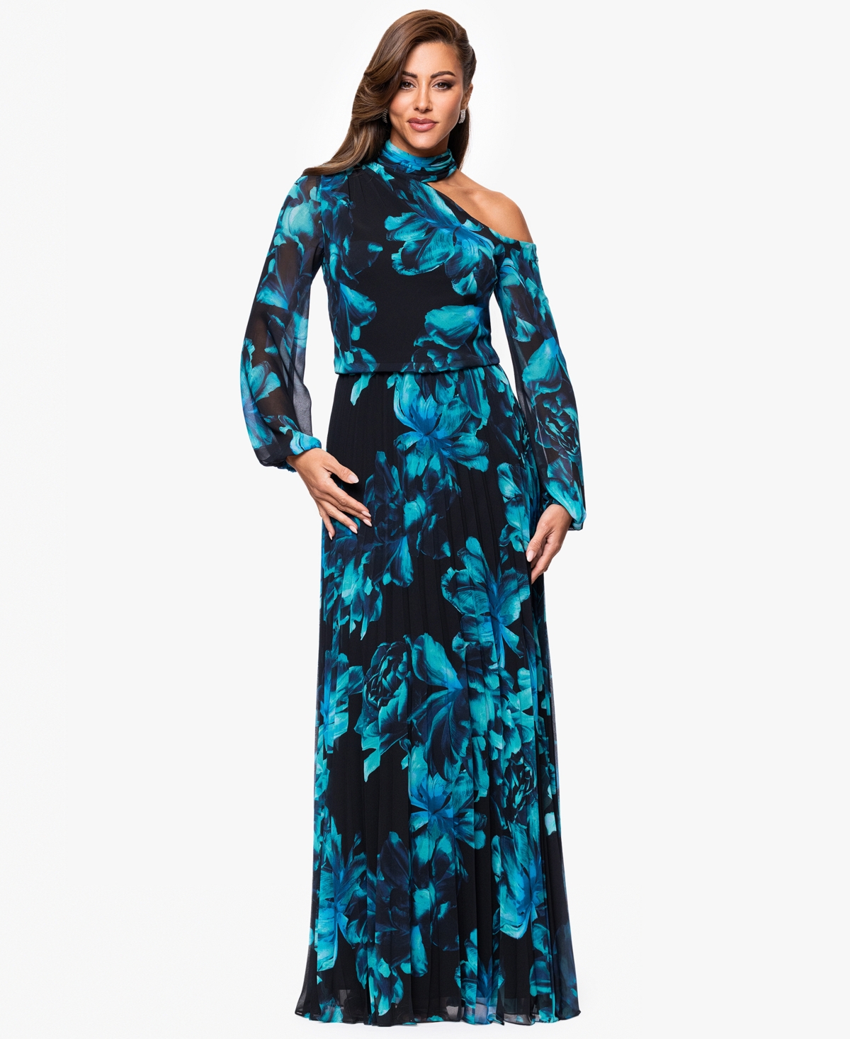 Women's Printed Mock-Neck Cutout Maxi Dress - Black/Teal