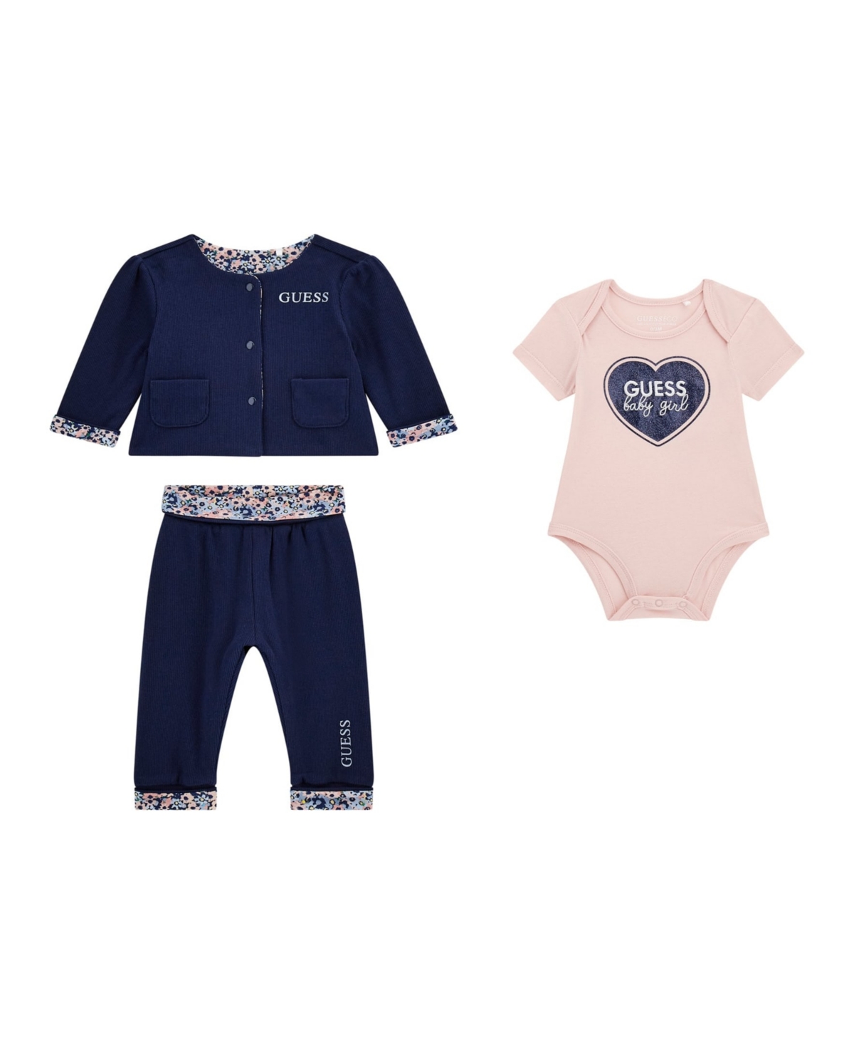 Guess Baby Girls 3-piece Reversible Jacket, Short Sleeve Bodysuit And Reversible Pants Set In Blue