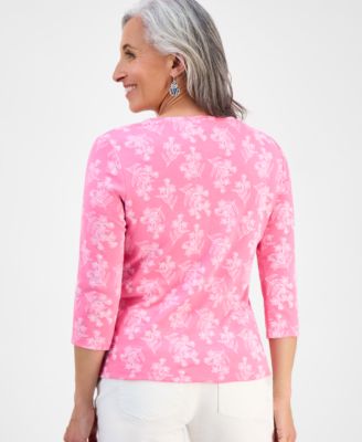 Petite Printed 3/4-Sleeve Henley Knit Top, Exclusively at Macy's