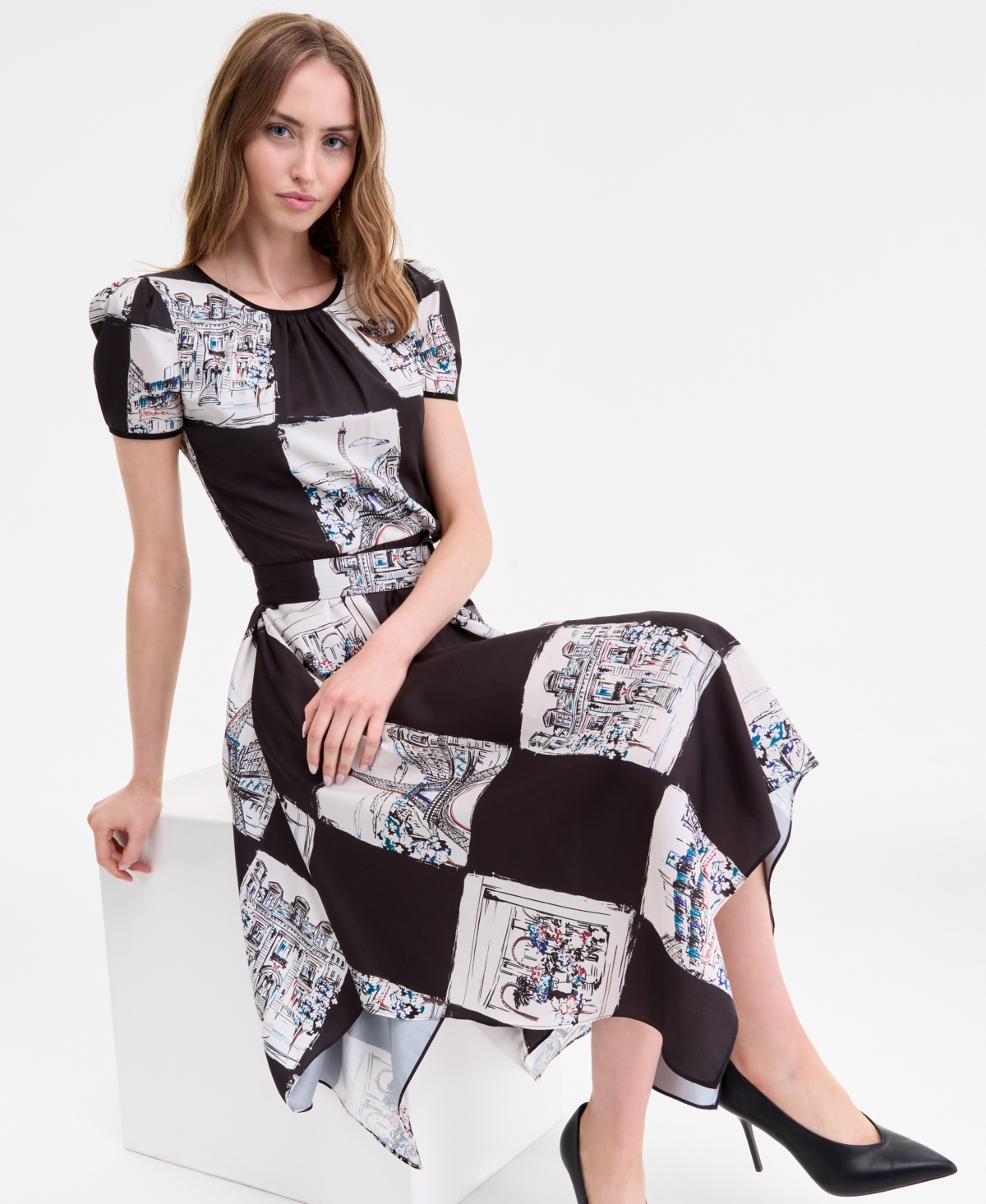 Karl Lagerfeld Women's Scarf-print Handkerchief-hem Midi Dress In Black