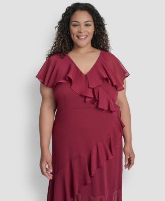 Plus Size V-Neck Ruffled High-Low Hem Dress