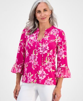 JM Collection - Petite Farrah Floral Mixed-Media Ruffle-Sleeve Split-Neck Top